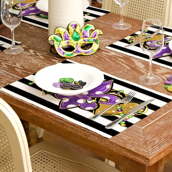 ARKENY Mardi Gras Carnival Placemats 12x18 Inches Set of 4 Fleur De Lis Seasonal Farmhouse Burlap Stripe Indoor Kitchen Dining Table Decorations for Home Party AP35518Purple Placemats Set of 4  12X18