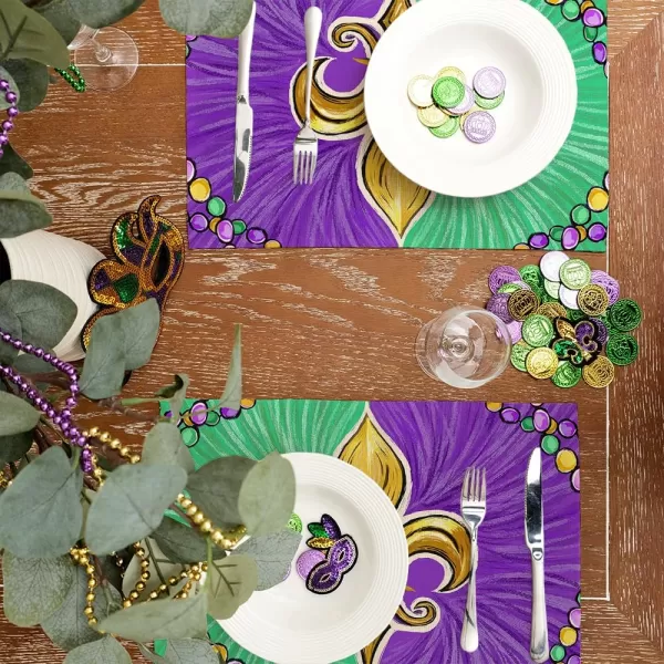 ARKENY Mardi Gras Carnival Placemats 12x18 Inches Set of 4 Mask Beads Purple Seasonal Farmhouse Burlap Indoor Kitchen Dining Table Decorations for Home Party AP5524Purple Green Placemats Set of 4  12X18