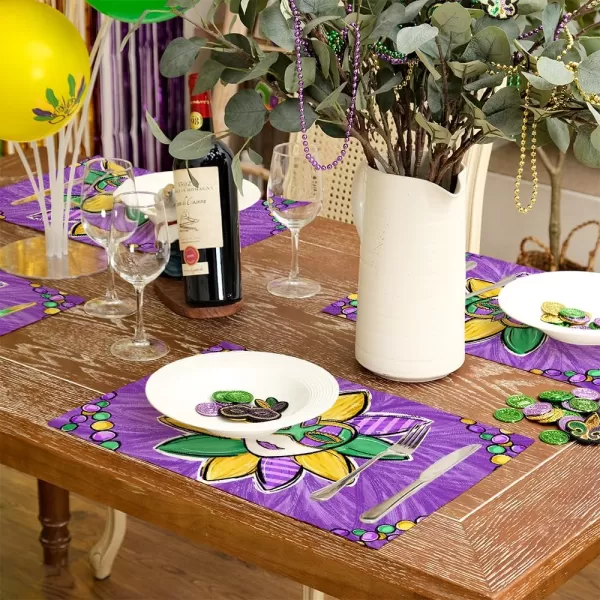 ARKENY Mardi Gras Carnival Placemats 12x18 Inches Set of 4 Mask Beads Purple Seasonal Farmhouse Burlap Indoor Kitchen Dining Table Decorations for Home Party AP5524Purple Placemats Set of 4  12X18
