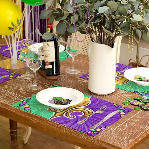 ARKENY Mardi Gras Carnival Placemats 12x18 Inches Set of 4 Mask Beads Purple Seasonal Farmhouse Burlap Indoor Kitchen Dining Table Decorations for Home Party AP5524Purple Green Placemats Set of 4  12X18