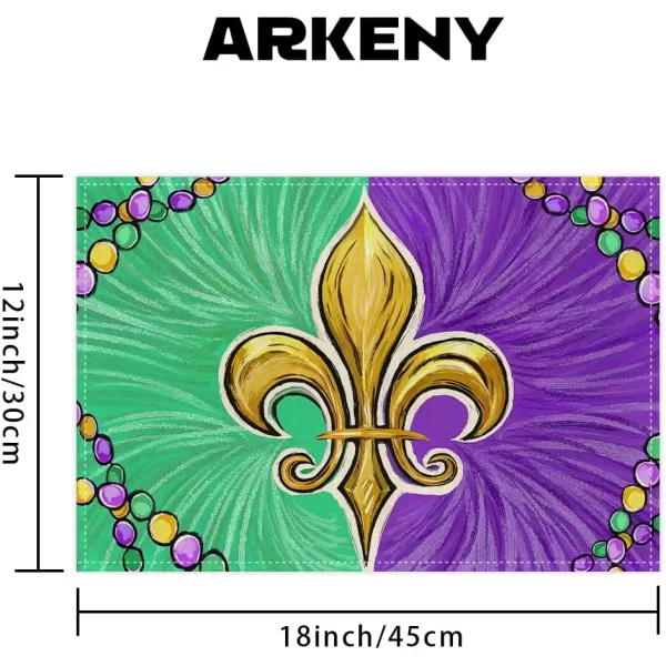 ARKENY Mardi Gras Carnival Placemats 12x18 Inches Set of 4 Mask Beads Purple Seasonal Farmhouse Burlap Indoor Kitchen Dining Table Decorations for Home Party AP5524Purple Green Placemats Set of 4  12X18