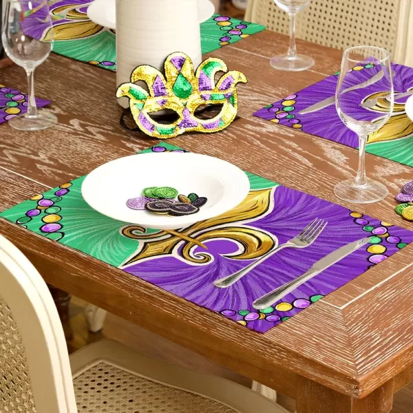 ARKENY Mardi Gras Carnival Placemats 12x18 Inches Set of 4 Mask Beads Purple Seasonal Farmhouse Burlap Indoor Kitchen Dining Table Decorations for Home Party AP5524Purple Green Placemats Set of 4  12X18