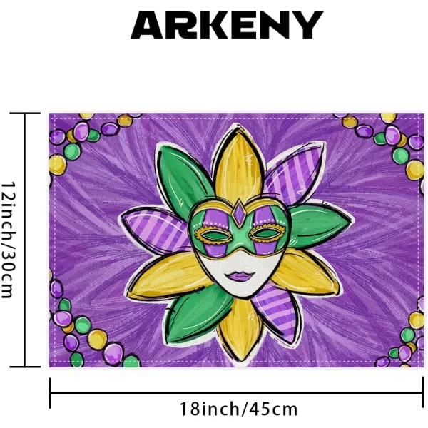 ARKENY Mardi Gras Carnival Placemats 12x18 Inches Set of 4 Mask Beads Purple Seasonal Farmhouse Burlap Indoor Kitchen Dining Table Decorations for Home Party AP5524Purple Placemats Set of 4  12X18