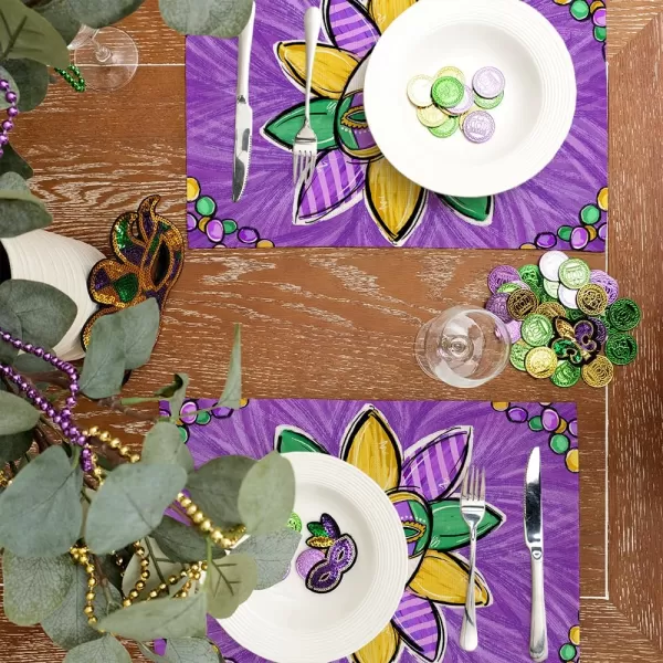 ARKENY Mardi Gras Carnival Placemats 12x18 Inches Set of 4 Mask Beads Purple Seasonal Farmhouse Burlap Indoor Kitchen Dining Table Decorations for Home Party AP5524Purple Placemats Set of 4  12X18