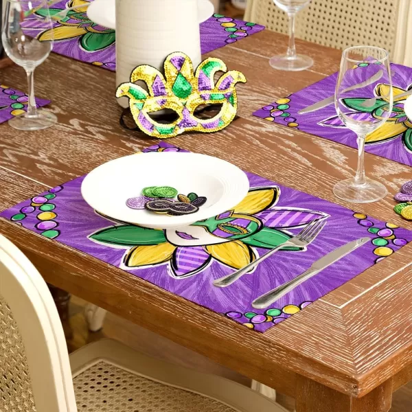 ARKENY Mardi Gras Carnival Placemats 12x18 Inches Set of 4 Mask Beads Purple Seasonal Farmhouse Burlap Indoor Kitchen Dining Table Decorations for Home Party AP5524Purple Placemats Set of 4  12X18