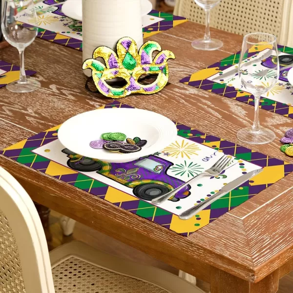 ARKENY Mardi Gras Carnival Placemats 12x18 Inches Set of 4 Truck Dwarf Fleur De Lis Seasonal Farmhouse Burlap Indoor Kitchen Dining Table Decorations for Home Party AP51318Purple Placemats Set of 4  12X18