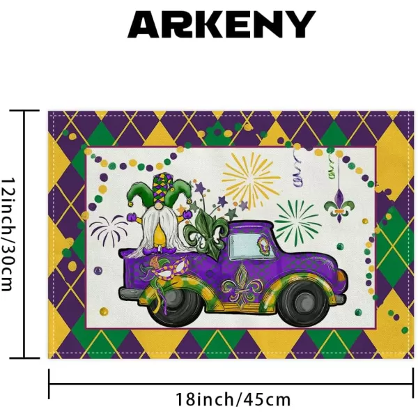 ARKENY Mardi Gras Carnival Placemats 12x18 Inches Set of 4 Truck Dwarf Fleur De Lis Seasonal Farmhouse Burlap Indoor Kitchen Dining Table Decorations for Home Party AP51318Purple Placemats Set of 4  12X18