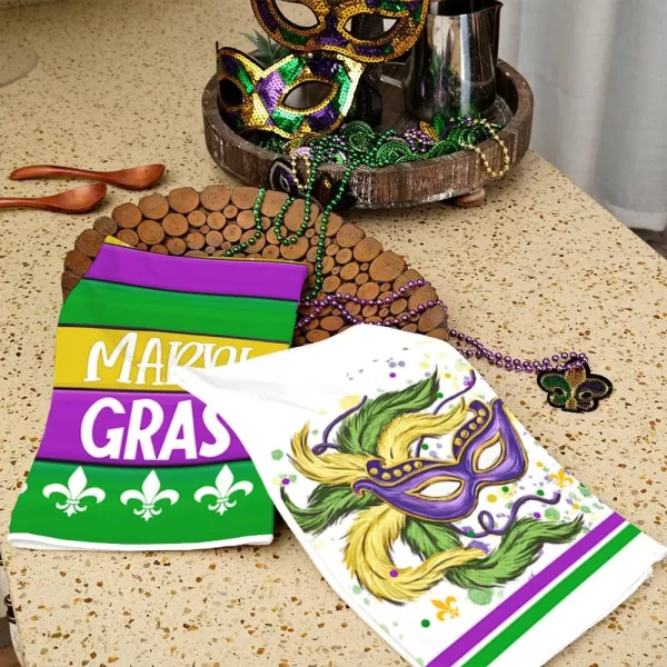 ARKENY Mardi Gras Kitchen Towels Set of 2Green Fleur De Lis Eye Mask Dish Towels 18x26 Inch Drying DishclothFarmhouse Home Mardi Gras Carnival Seasonal Holiday Decorations AD194Purple Mask