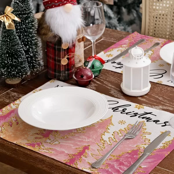 ARKENY Merry Christmas Pink Placemats 12x18 Inches Set of 4Xmas Tree Winter Seasonal Burlap Gloden Farmhouse Indoor Kitchen Dining Table Holiday Decoration for Home Party AP48018Pinktree Placemats Set of 4  12X18