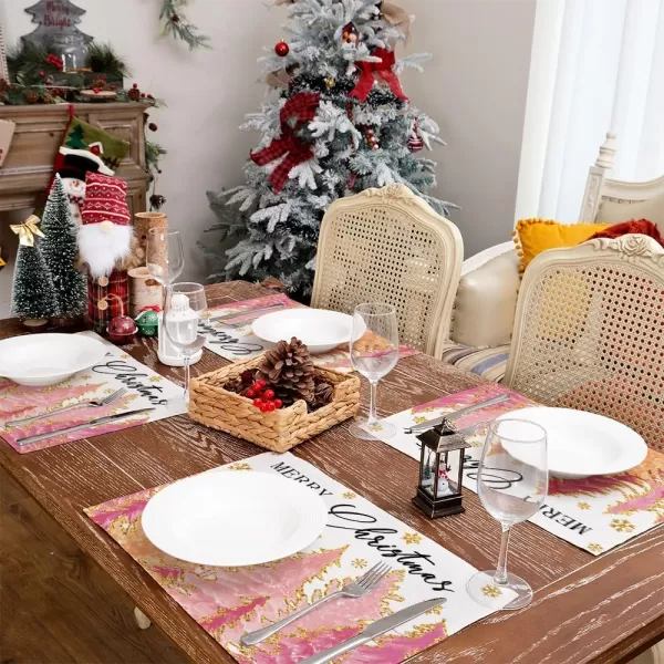 ARKENY Merry Christmas Pink Placemats 12x18 Inches Set of 4Xmas Tree Winter Seasonal Burlap Gloden Farmhouse Indoor Kitchen Dining Table Holiday Decoration for Home Party AP48018Pinktree Placemats Set of 4  12X18