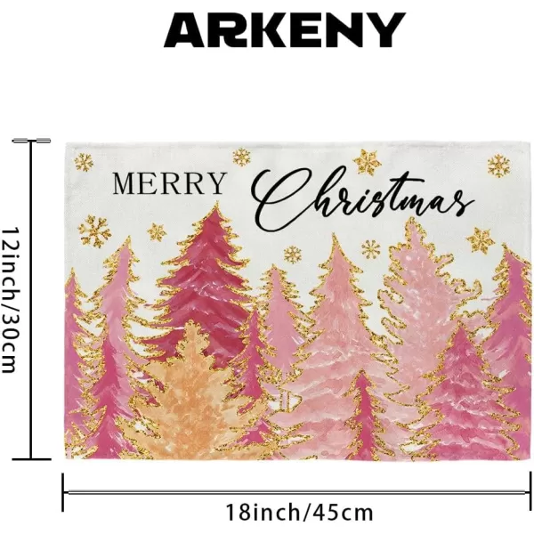 ARKENY Merry Christmas Pink Placemats 12x18 Inches Set of 4Xmas Tree Winter Seasonal Burlap Gloden Farmhouse Indoor Kitchen Dining Table Holiday Decoration for Home Party AP48018Pinktree Placemats Set of 4  12X18