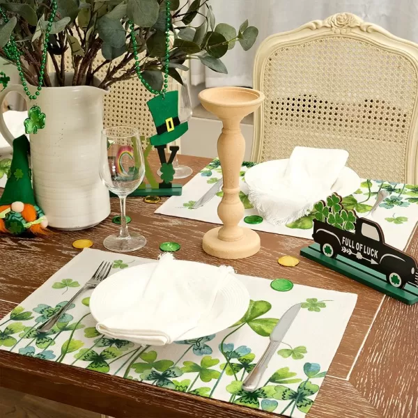 ARKENY St Patricks Day Placemats 12x18 Inches Set of 4 Green Shamrock Spring Seasonal Farmhouse Burlap Indoor Kitchen Dining Table Mats Decorations for Home Party AP5484Green Placemats Set of 4  12X18