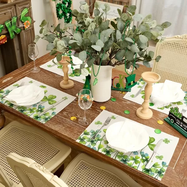 ARKENY St Patricks Day Placemats 12x18 Inches Set of 4 Green Shamrock Spring Seasonal Farmhouse Burlap Indoor Kitchen Dining Table Mats Decorations for Home Party AP5484Green Placemats Set of 4  12X18