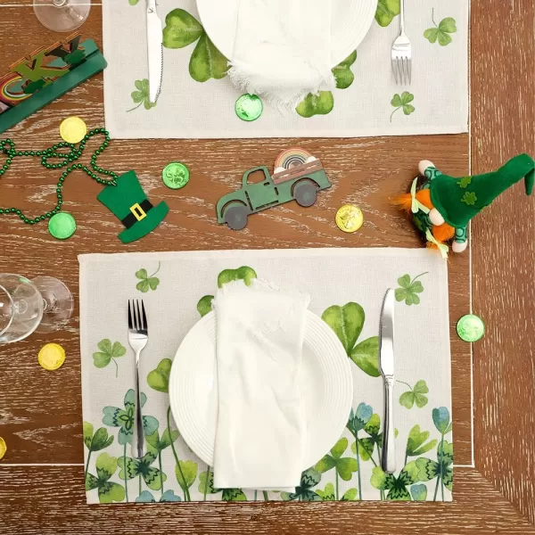 ARKENY St Patricks Day Placemats 12x18 Inches Set of 4 Green Shamrock Spring Seasonal Farmhouse Burlap Indoor Kitchen Dining Table Mats Decorations for Home Party AP5484Green Placemats Set of 4  12X18