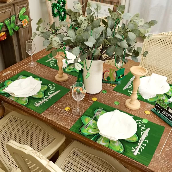 ARKENY St Patricks Day Placemats 12x18 Inches Set of 4 Shamrock Good Luck Spring Seasonal Farmhouse Burlap Green Indoor Kitchen Dining Table Mats Decorations for Home Party AP5404Green Placemats Set of 4  12X18