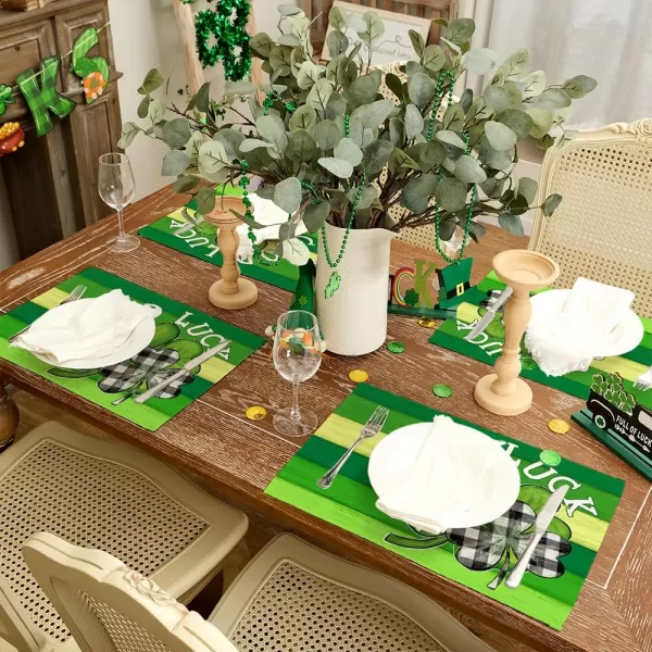 ARKENY St Patricks Day Placemats 12x18 Inches Set of 4 Shamrock Good Luck Spring Seasonal Farmhouse Burlap Green Stripe Indoor Kitchen Dining Table Mats Decorations for Home Party AP5384Green Placemats Set of 4  12X18