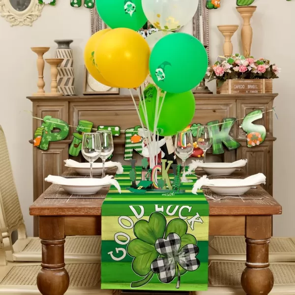 ARKENY St Patricks Day Placemats 12x18 Inches Set of 4 Shamrock Good Luck Spring Seasonal Farmhouse Burlap Green Stripe Indoor Kitchen Dining Table Mats Decorations for Home Party AP5384Green Table Runner  13X72