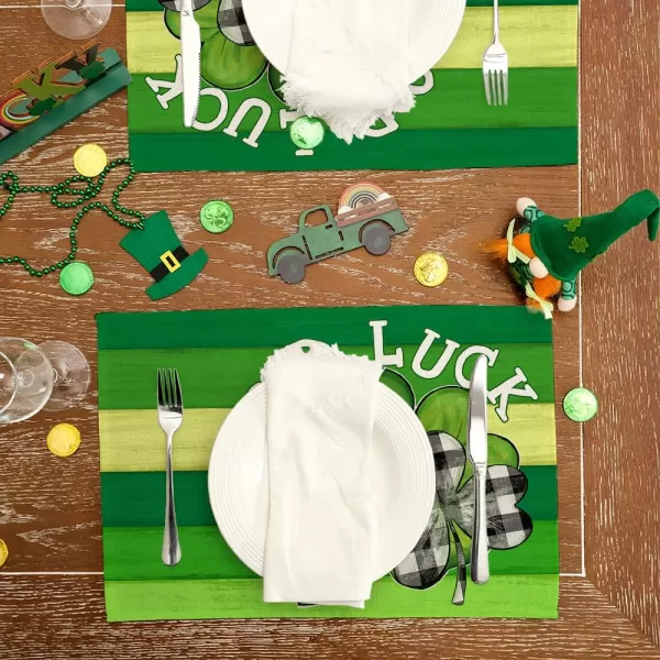 ARKENY St Patricks Day Placemats 12x18 Inches Set of 4 Shamrock Good Luck Spring Seasonal Farmhouse Burlap Green Stripe Indoor Kitchen Dining Table Mats Decorations for Home Party AP5384Green Placemats Set of 4  12X18