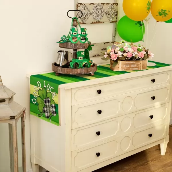 ARKENY St Patricks Day Placemats 12x18 Inches Set of 4 Shamrock Good Luck Spring Seasonal Farmhouse Burlap Green Stripe Indoor Kitchen Dining Table Mats Decorations for Home Party AP5384Green Table Runner  13X72