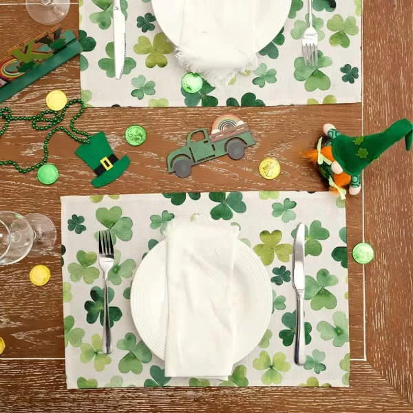 ARKENY St Patricks Day Placemats 12x18 Inches Set of 4 Shamrock Green Spring Seasonal Farmhouse Burlap Indoor Kitchen Dining Table Mats Decorations for Home Party AP3934Green Placemats Set of 4  12X18