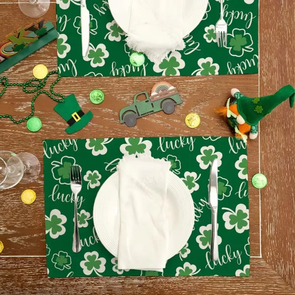 ARKENY St Patricks Day Placemats 12x18 Inches Set of 4 Shamrock Spring Seasonal Farmhouse Burlap Green Indoor Kitchen Dining Table Mats Decorations for Home Party AP5374Green Placemats Set of 4  12X18