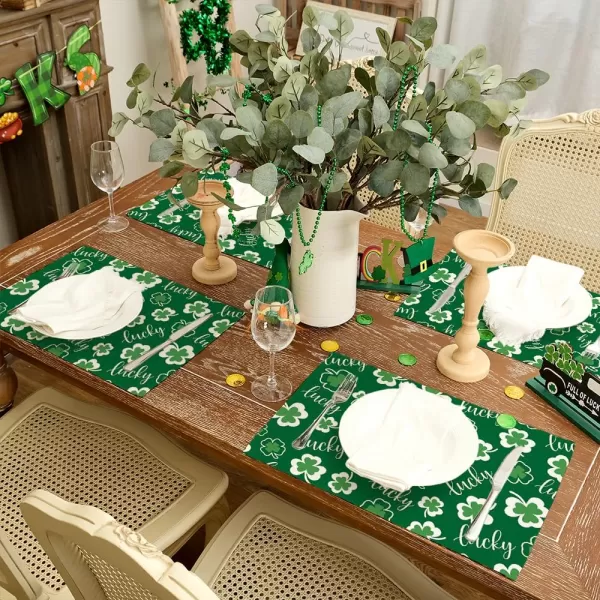 ARKENY St Patricks Day Placemats 12x18 Inches Set of 4 Shamrock Spring Seasonal Farmhouse Burlap Green Indoor Kitchen Dining Table Mats Decorations for Home Party AP5374Green Placemats Set of 4  12X18