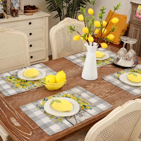 ARKENY Summer Placemats 12x18 Inches Set of 4 Flower Bee Eucalyptus Yellow Spring Seasonal Farmhouse Buffalo Plaid Burlap Indoor Anniversary Table Mats Decor for Home Party AP6024Yellow