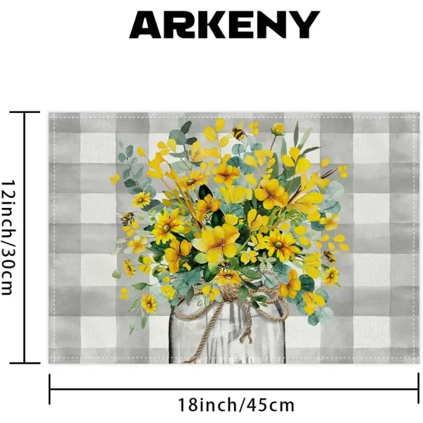 ARKENY Summer Placemats 12x18 Inches Set of 4 Flower Bee Eucalyptus Yellow Spring Seasonal Farmhouse Buffalo Plaid Burlap Indoor Anniversary Table Mats Decor for Home Party AP6024Yellow