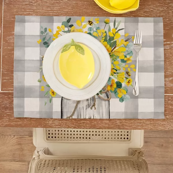 ARKENY Summer Placemats 12x18 Inches Set of 4 Flower Bee Eucalyptus Yellow Spring Seasonal Farmhouse Buffalo Plaid Burlap Indoor Anniversary Table Mats Decor for Home Party AP6024Yellow