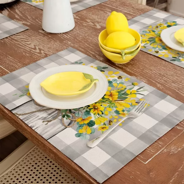 ARKENY Summer Placemats 12x18 Inches Set of 4 Flower Bee Eucalyptus Yellow Spring Seasonal Farmhouse Buffalo Plaid Burlap Indoor Anniversary Table Mats Decor for Home Party AP6024Yellow