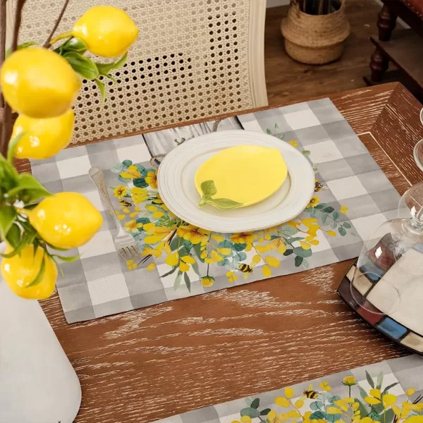 ARKENY Summer Placemats 12x18 Inches Set of 4 Flower Bee Eucalyptus Yellow Spring Seasonal Farmhouse Buffalo Plaid Burlap Indoor Anniversary Table Mats Decor for Home Party AP6024Yellow