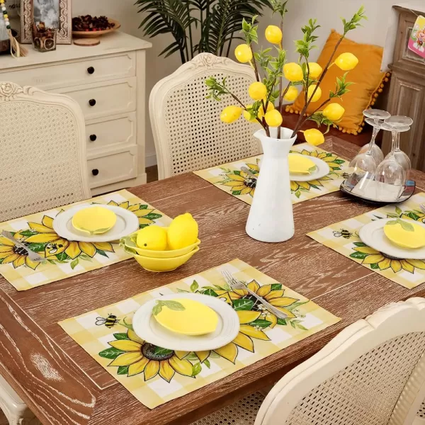 ARKENY Summer Placemats 12x18 Inches Set of 4 Sunflower Bee Yellow Seasonal Farmhouse Buffalo Plaid Burlap Indoor Kitchen Anniversary Dining Table Mats Decor for Home Party AP6054Yellow