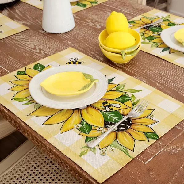 ARKENY Summer Placemats 12x18 Inches Set of 4 Sunflower Bee Yellow Seasonal Farmhouse Buffalo Plaid Burlap Indoor Kitchen Anniversary Dining Table Mats Decor for Home Party AP6054Yellow