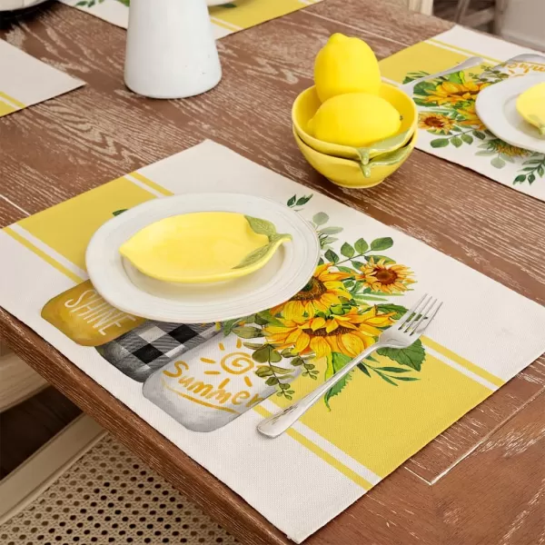 ARKENY Summer Placemats 12x18 Inches Set of 4 Sunflower Vase Sunshine Yellow Seasonal Farmhouse Stripe Burlap Indoor Kitchen Anniversary Dining Table Mats Decor for Home Party AP6064Yellow