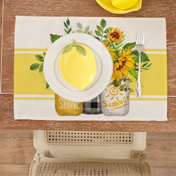 ARKENY Summer Placemats 12x18 Inches Set of 4 Sunflower Vase Sunshine Yellow Seasonal Farmhouse Stripe Burlap Indoor Kitchen Anniversary Dining Table Mats Decor for Home Party AP6064Yellow