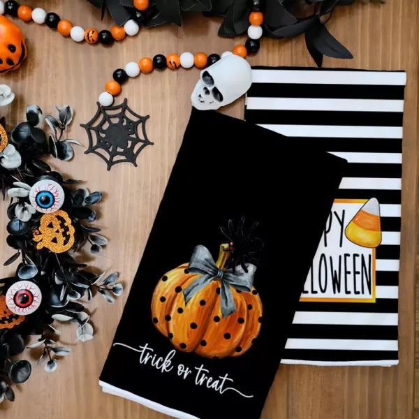 Halloween Kitchen Dish Towels Black Pumpkin Polka dot Stripes 18x26 Inch Ultra Absorbent Bar Drying Cloth Vintage Tea Sign Hand Towel for Cooking Set of 2 AD091Black 2 Farmhouse