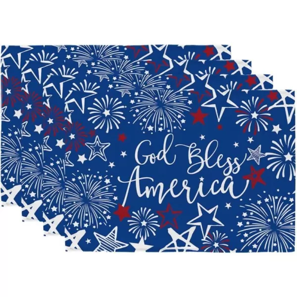 ARKENY 4th of July Decorations Star Fireworks Placemats 12x18 Inches Memorial Day Patriotic Glod Bless America Sign Place mats Independence Day Decor AP27318Muti Placemats 12X18