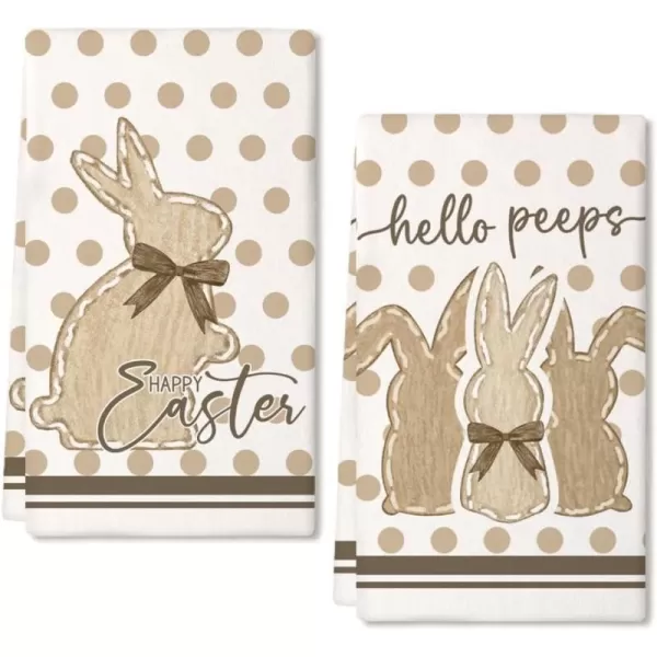 ARKENY Easter Kitchen Towels Set of 2Beige Polka Dot Bunny Hello Peeps Dish Towels 18x26 Inch Drying DishclothFarmhouse Holiday Seasonal Spring Decorations AD237Beige