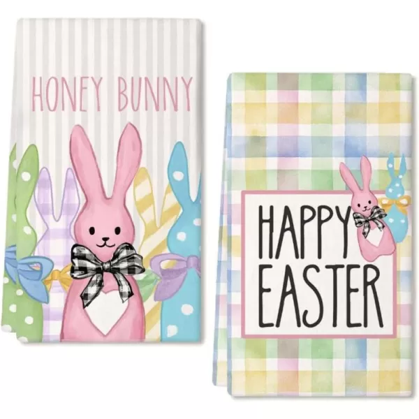 ARKENY Easter Kitchen Towels Set of 2Buffalo Plaid Colorful Bunny Happy Easter Dish Towels 18x26 Inch Drying DishclothFarmhouse Holiday Seasonal Spring Decorations AD268Colorful