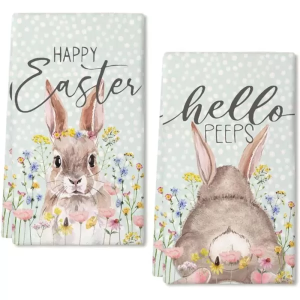 ARKENY Easter Kitchen Towels Set of 2Grey Bunny Flower Hello Peeps Dish Towels 18x26 Inch Drying DishclothFarmhouse Holiday Seasonal Spring Decorations AD235Beige