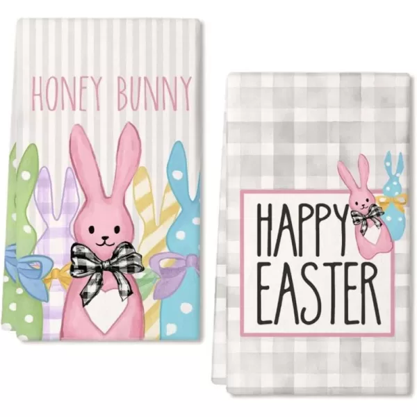 ARKENY Easter Kitchen Towels Set of 2Grey Polka Dot Beige Bunny Happy Easter Dish Towels 18x26 Inch Drying DishclothFarmhouse Holiday Seasonal Spring Decorations AD272Grey 2