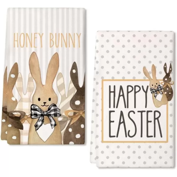 ARKENY Easter Kitchen Towels Set of 2Grey Polka Dot Beige Bunny Happy Easter Dish Towels 18x26 Inch Drying DishclothFarmhouse Holiday Seasonal Spring Decorations AD272Beige 2