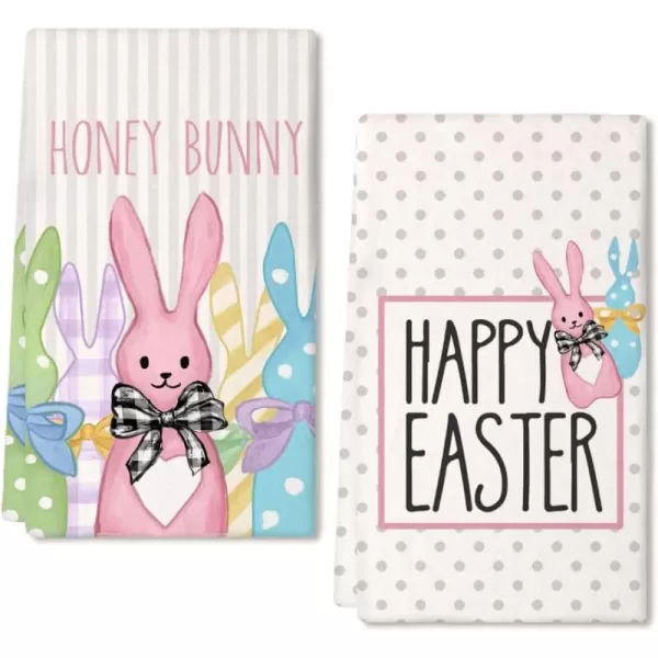 ARKENY Easter Kitchen Towels Set of 2Grey Polka Dot Colorful Bunny Happy Easter Dish Towels 18x26 Inch Drying DishclothFarmhouse Holiday Seasonal Spring Decorations AD269Grey