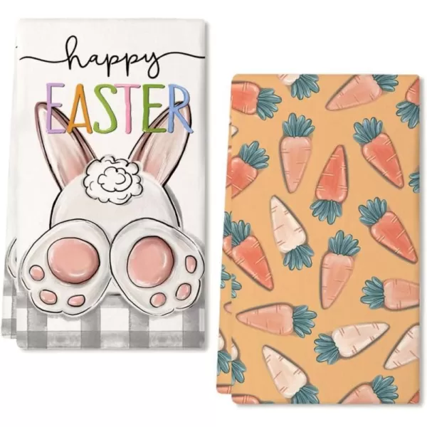 ARKENY Easter Kitchen Towels Set of 2Orange Carrots Bunny Happy Easter Dish Towels 18x26 Inch Drying DishclothFarmhouse Holiday Seasonal Spring Decorations AD229White 2