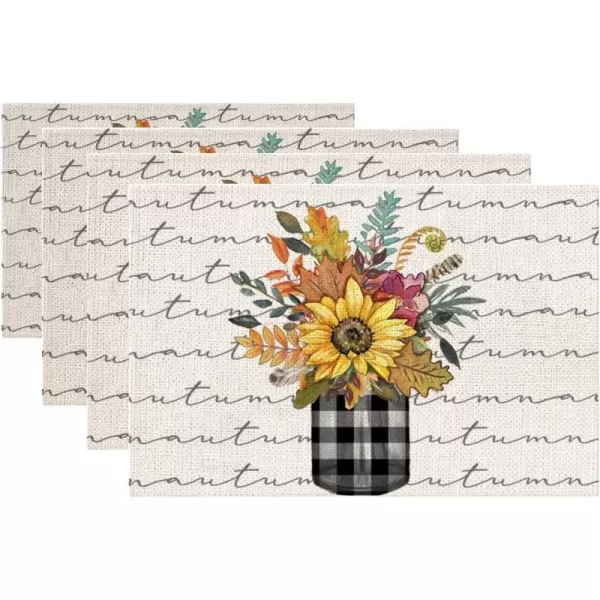 ARKENY Fall Thanksgiving Sunflower Leaf Check Mason Jar Placemats 12x18 Inches Set of 4Seasonal Burlap Farmhouse Indoor Kitchen Dining Table Decoration for Home Party AP11918ARKENY Fall Thanksgiving Sunflower Leaf Check Mason Jar Placemats 12x18 Inches Set of 4Seasonal Burlap Farmhouse Indoor Kitchen Dining Table Decoration for Home Party AP11918