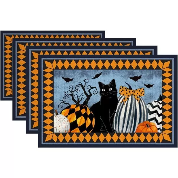 ARKENY Halloween Placemats 12x18 Inches Set of 4 Black Cat Trick Or Treat Seasonal Burlap Farmhouse Indoor Kitchen Dining Table Decorations for Home Party AP16918Multicolor Placemats Set of 4  12X18