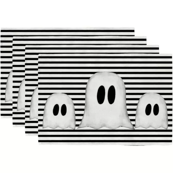 ARKENY Halloween Placemats 12x18 Inches Set of 4Spooky Ghost Seasonal Burlap Stripe Farmhouse Indoor Kitchen Dining Table Decorations for Home Party AP45518White Placemats Set of 4  12X18