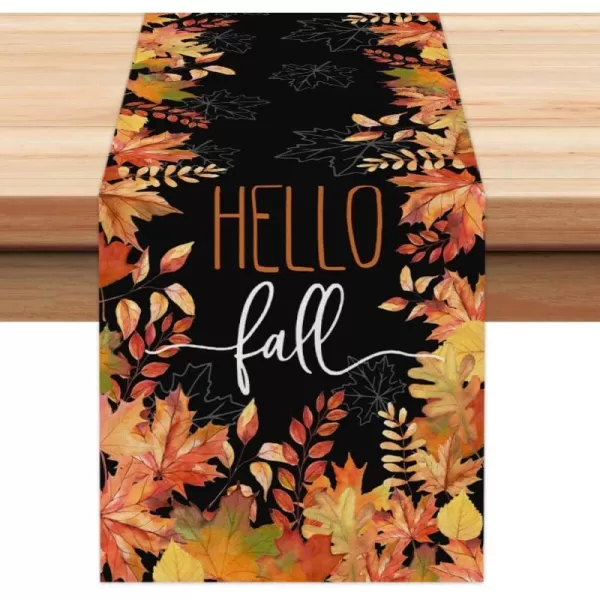 ARKENY Hello Fall Thanksgiving Table Runner 13x36 InchesMaple LeavesSeasonal Burlap Black Farmhouse Indoor Outdoor Table Autumn Runner for Home AT44536Black Table Runner  13X90