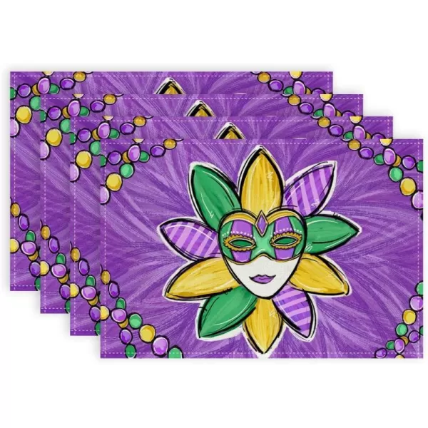 ARKENY Mardi Gras Carnival Placemats 12x18 Inches Set of 4 Mask Beads Purple Seasonal Farmhouse Burlap Indoor Kitchen Dining Table Decorations for Home Party AP5524Purple Placemats Set of 4  12X18