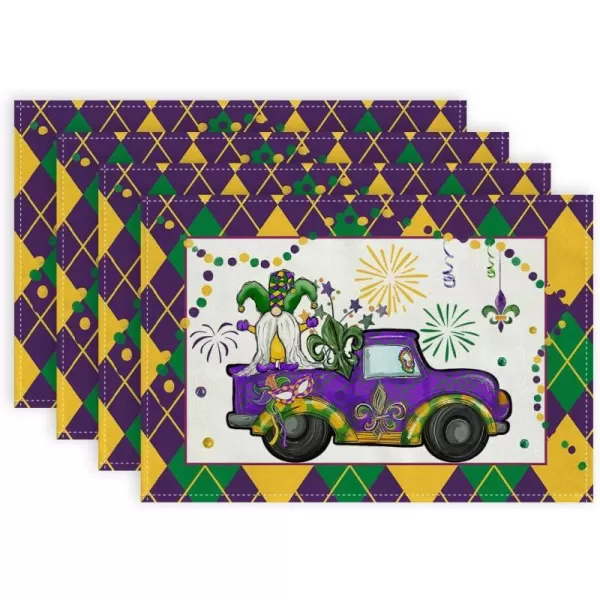 ARKENY Mardi Gras Carnival Placemats 12x18 Inches Set of 4 Truck Dwarf Fleur De Lis Seasonal Farmhouse Burlap Indoor Kitchen Dining Table Decorations for Home Party AP51318Purple Placemats Set of 4  12X18